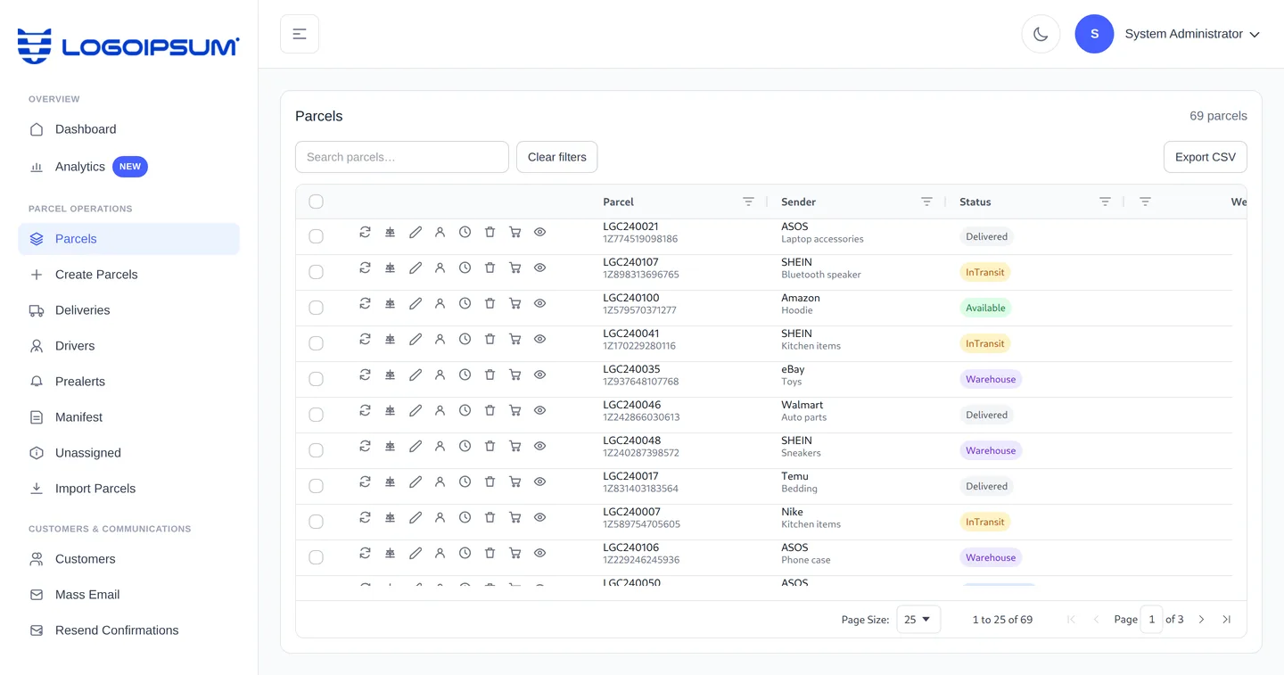 Parcel admin portal: the parcel register listing packages with customer, weight, charges and status