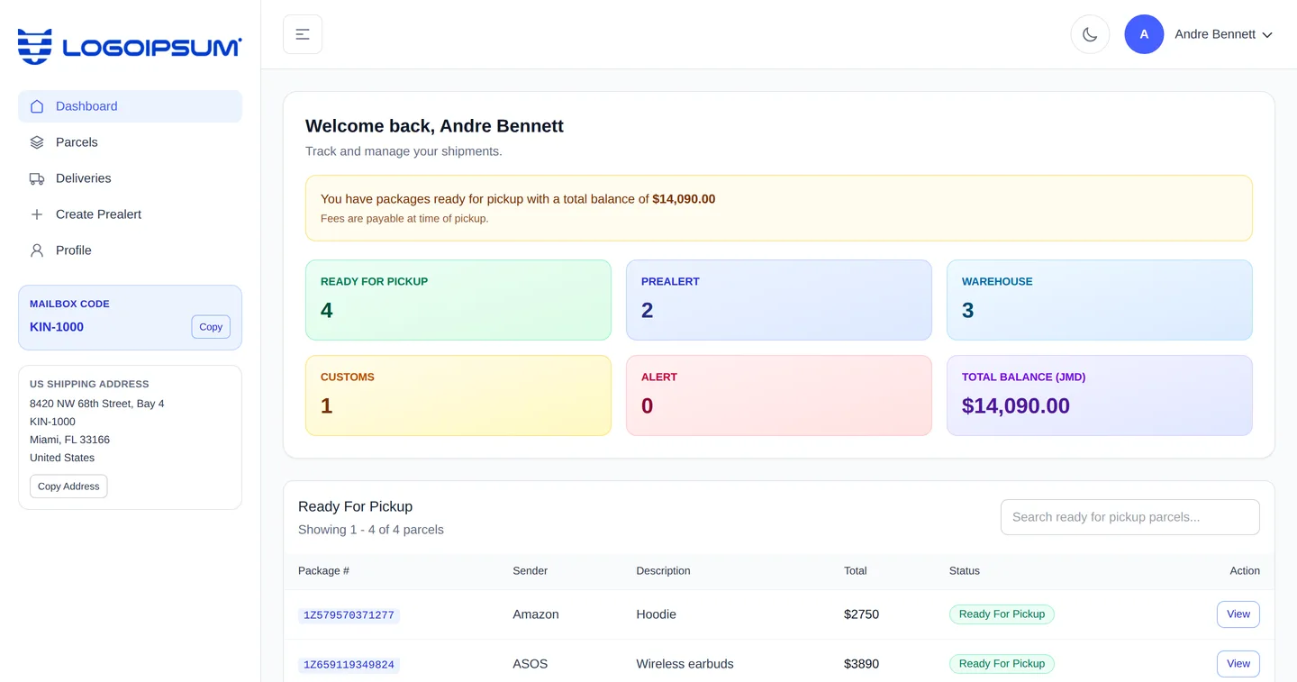 Parcel customer portal: a shopper's mailbox code, US shipping address, package counts and their ready-for-pickup list